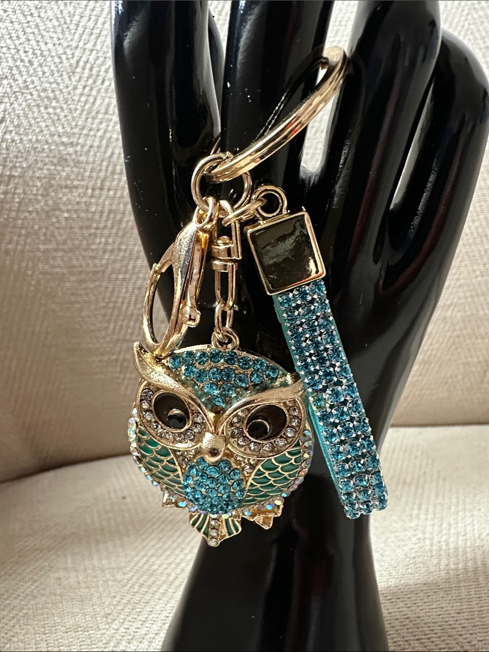 Gold Owl Crystal Keychain with Teal Rhinestones